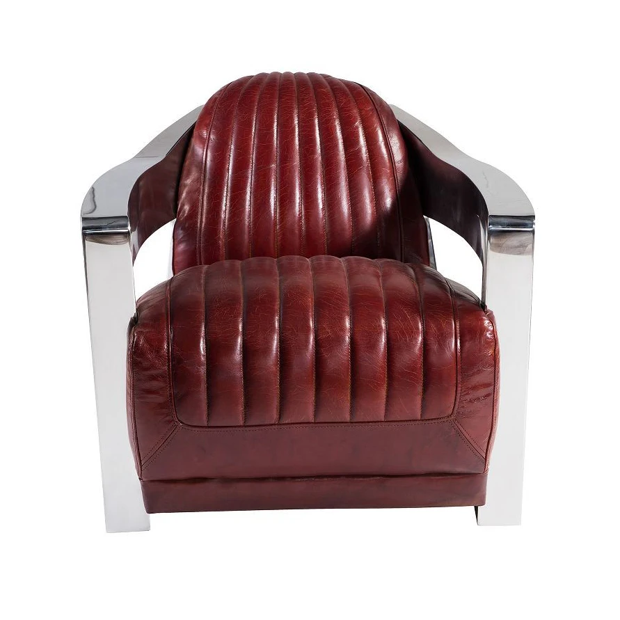 Modern Full Top Grain Leather Living Room Sofa With Stainless Steel Armrest Aviator Sofa