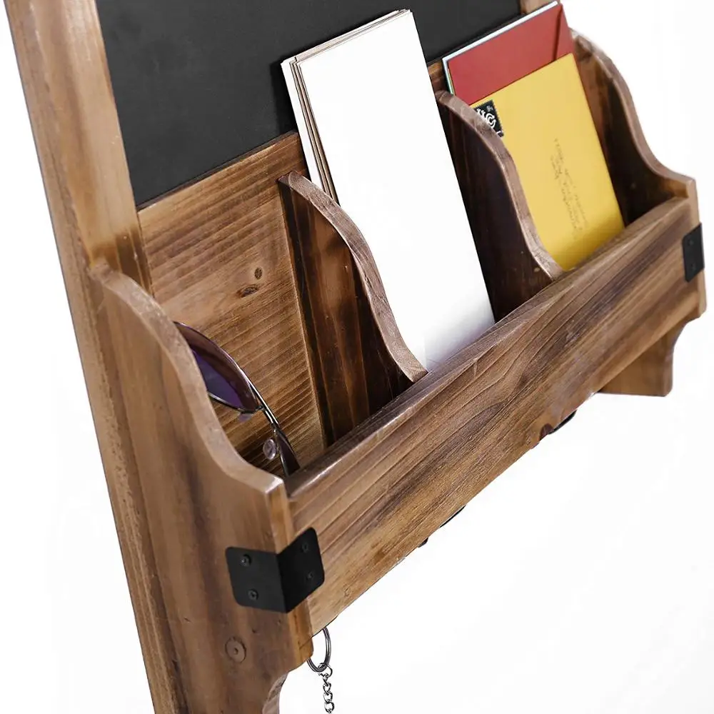 Rustic Burnt Wood Wall Mounted Entryway Mail Organizer with Chalkboard Sign & Key Hooks