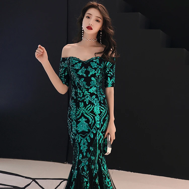 16036#2019 New Sequined Mermaid Evening Dresses Long Sleeve Arabic Formal Prom Gowns ladies laces dress for beauty contest
