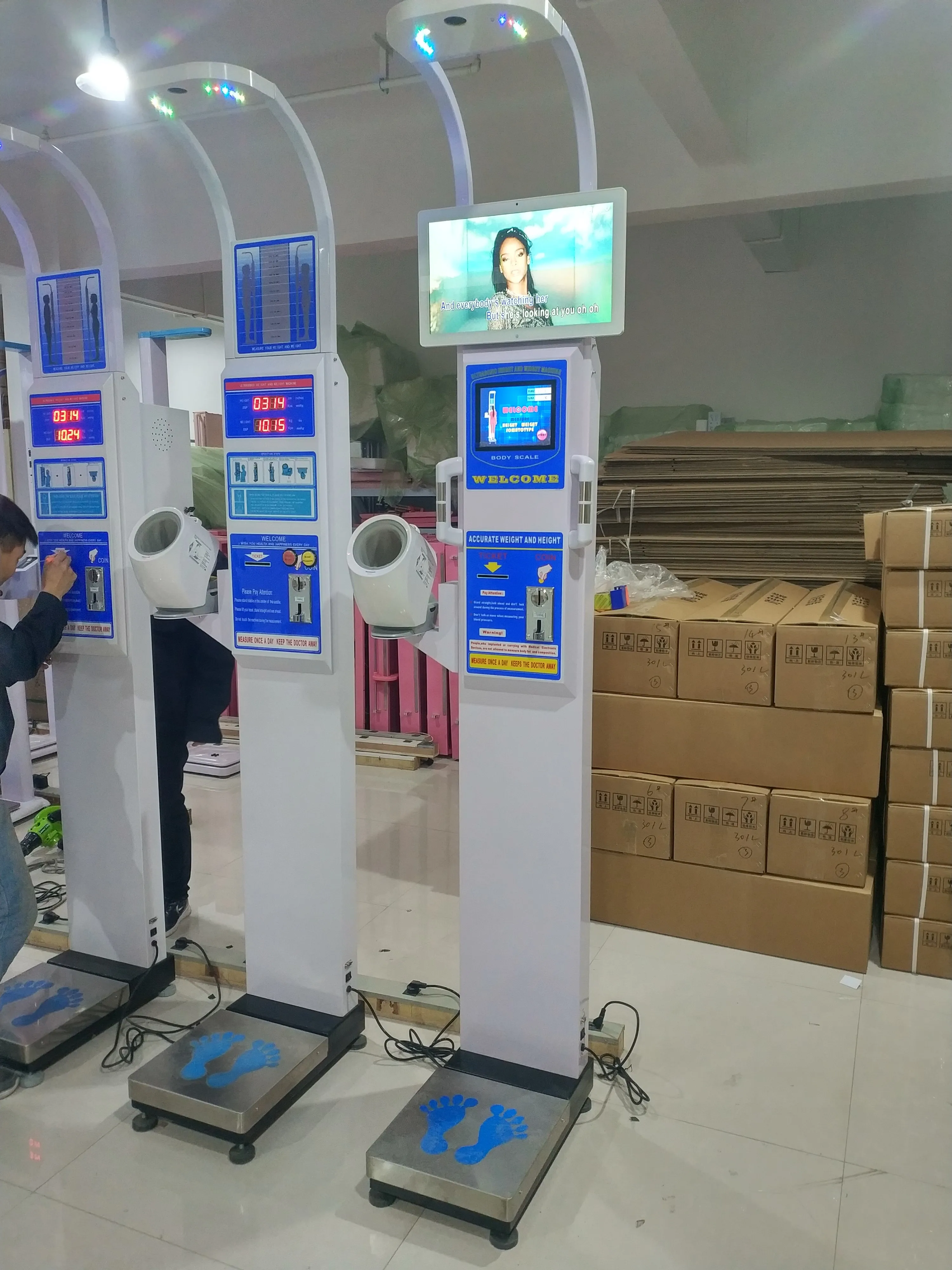 coin operated weighing scale  with height measurement  bmi calculator fat mass analysis and blood pressure monitor