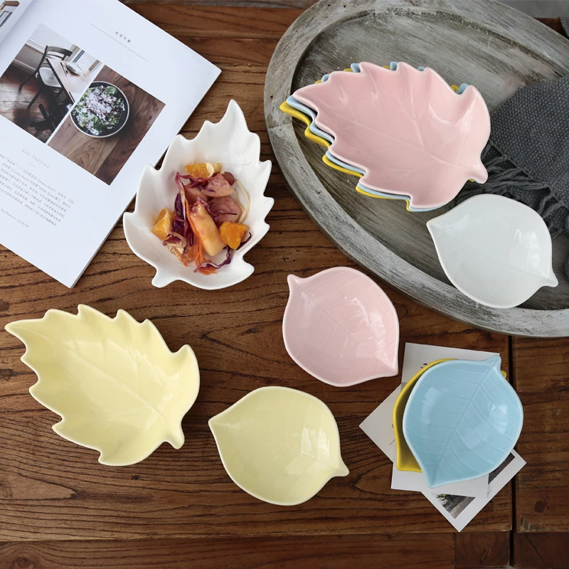Оптовая продажа керамика лоток Симпатичные Закуски Блюдо Творческий лист форма фарфоровая бульонная чашка вечерние