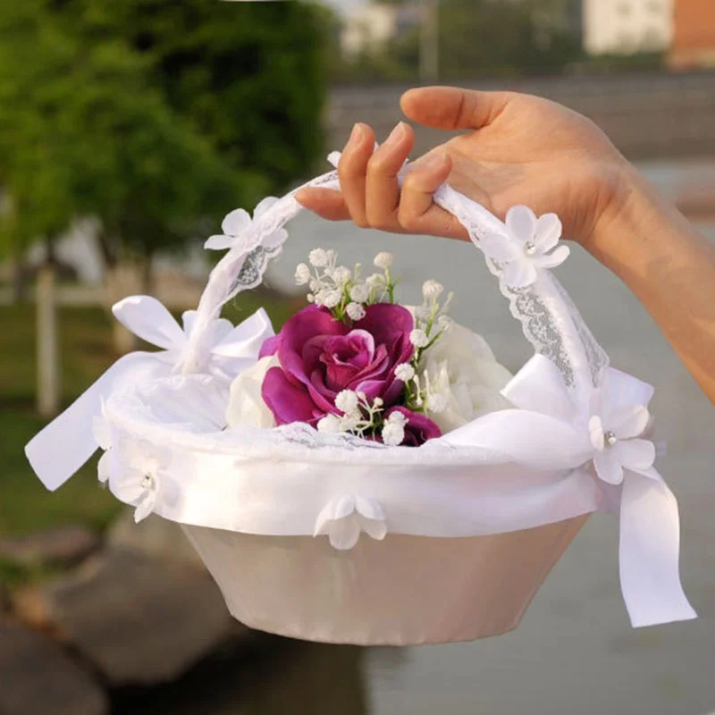 Wedding flower basket Large Satin white Basket Elegant Flower Girl Ivory Basket