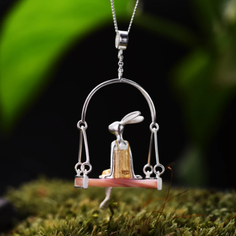 Pink Shell Miss Rabbit Pendant 925 Handmade Silver Jewelry