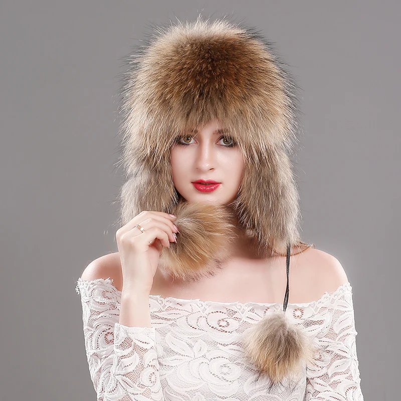 High quality sheepskin winter hat fox fur ear cap for women