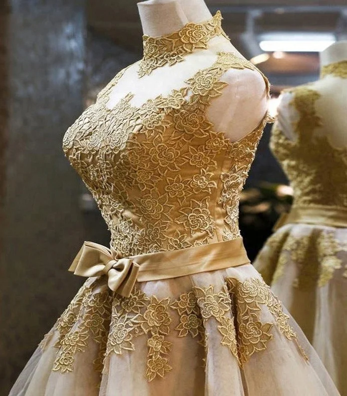 Chaozhou Women Party Short Gold Laces Evening Dress