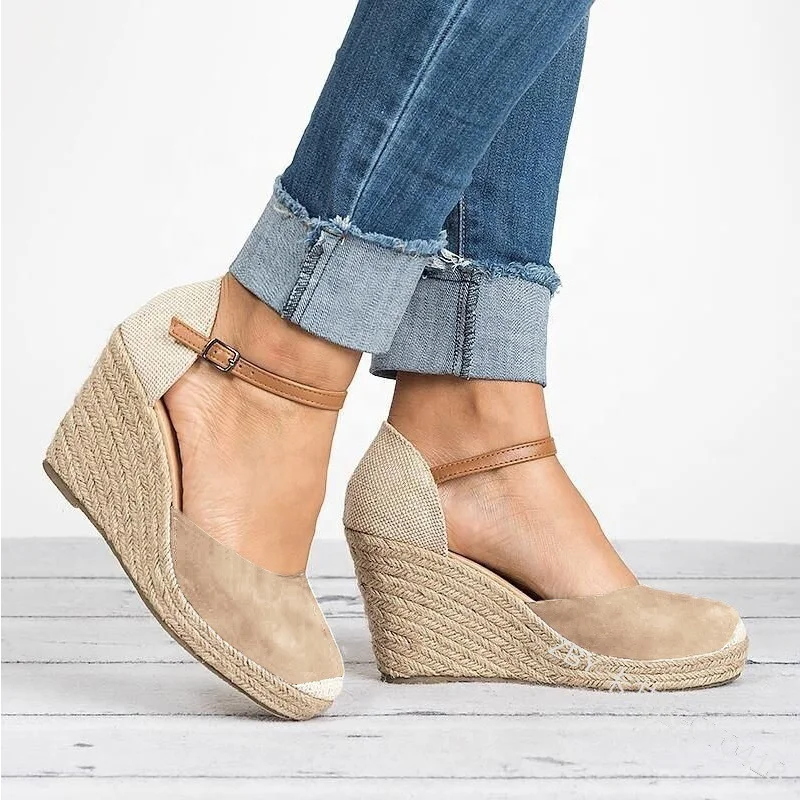 Fashion Women Closed Toe Espadrilles Platform Heel Wedge Shoes Ankle Strap Sandals