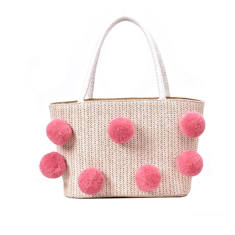 
Beach Shopping Cute Colourful wool Ball Medium handmade Straw handbag for Maiden Women 