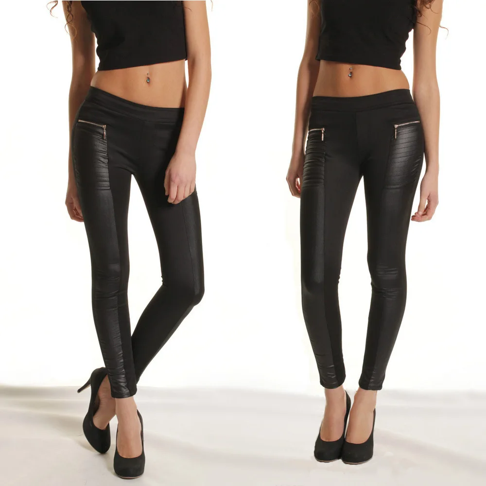 Women Tight Baggy Zipper Shiny Leather Leggings