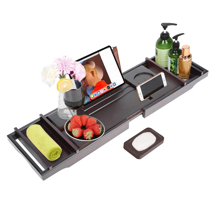 Luxury Black color Bath Bamboo Wooden Bathtub Caddy Tray