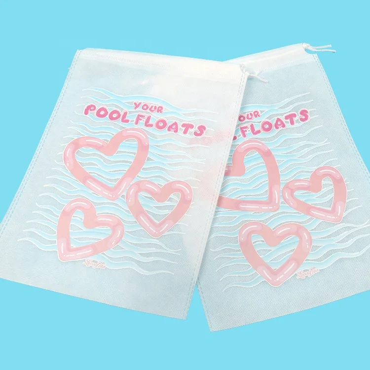 Customized Silk Screen Printing Stylish Pink Heart Cartoon Brand Logo Non-woven White Drawstring Bags for Shoes