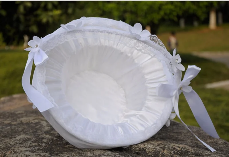 Wedding flower basket Large Satin white Basket Elegant Flower Girl Ivory Basket
