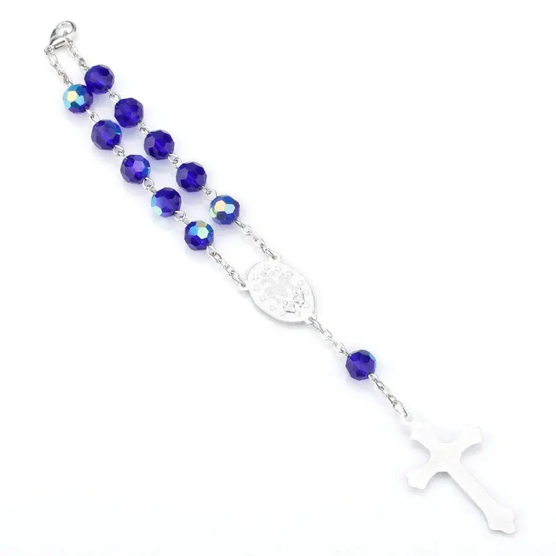 Wholesale Blue glass beads Catholic Rosary bracelets mini Jesus Crucifix Cross Rosary prayer bracelets jewelry