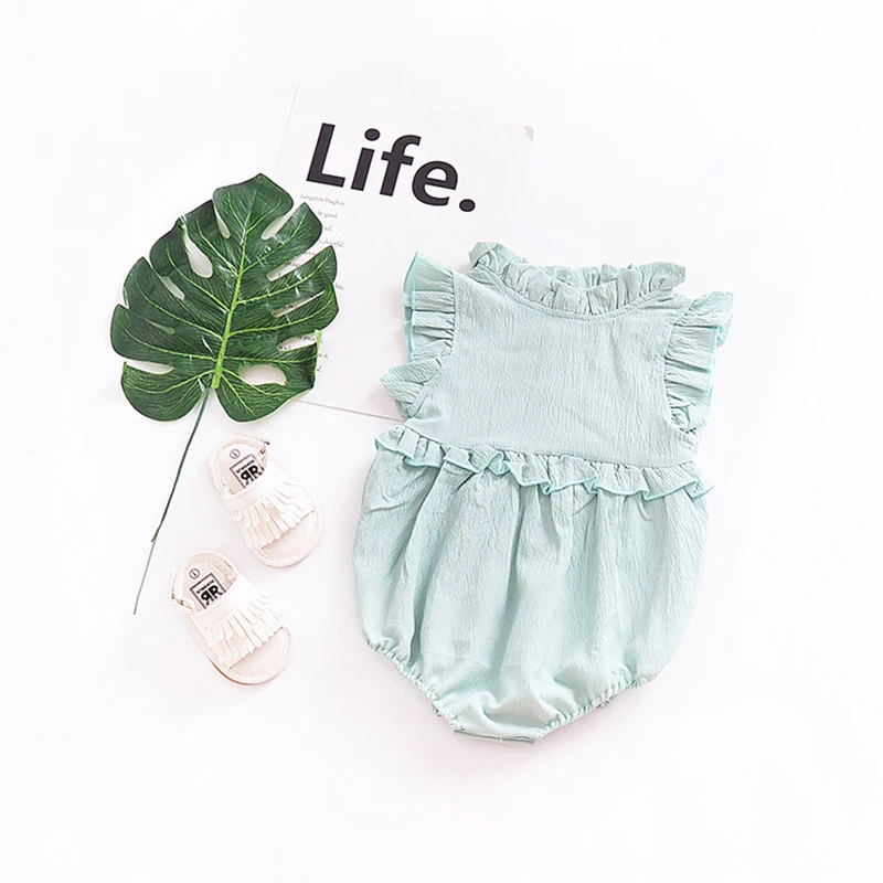 
Custom solid color Infant summer cotton lace collar sleeveless baby clothes romper girls 