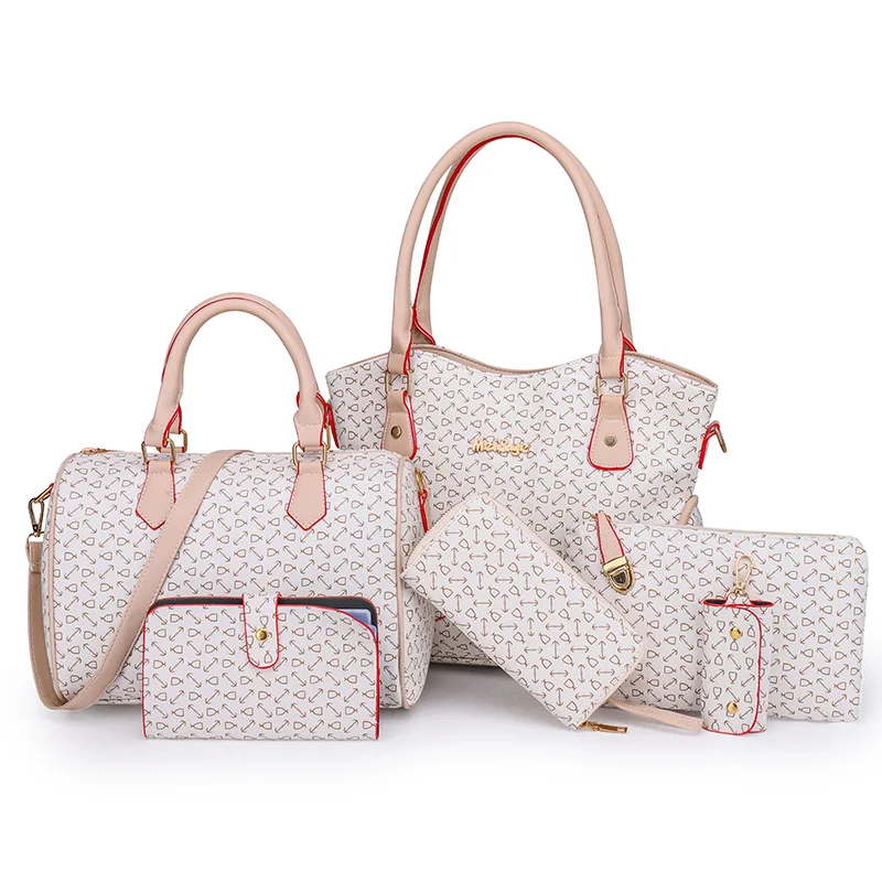 China Custom Printing Ladies Handbag Set 6pcs In 1 Metal Hardware Crosshatched Leather Women Bag Purse Handbag Manufacturing