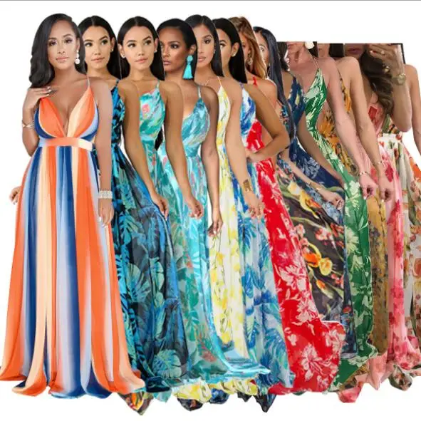 
Long dress chiffon new style women digital printed V-Neck sleeveless floral print chiffon maxi dresses 