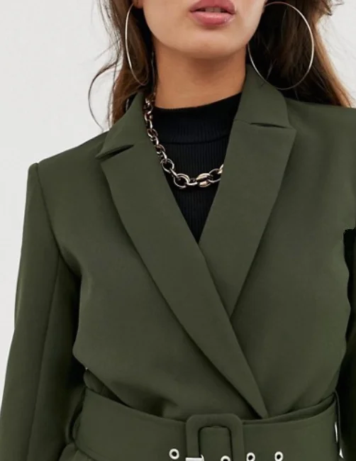 women utility longline belted double breasted blazer in military green