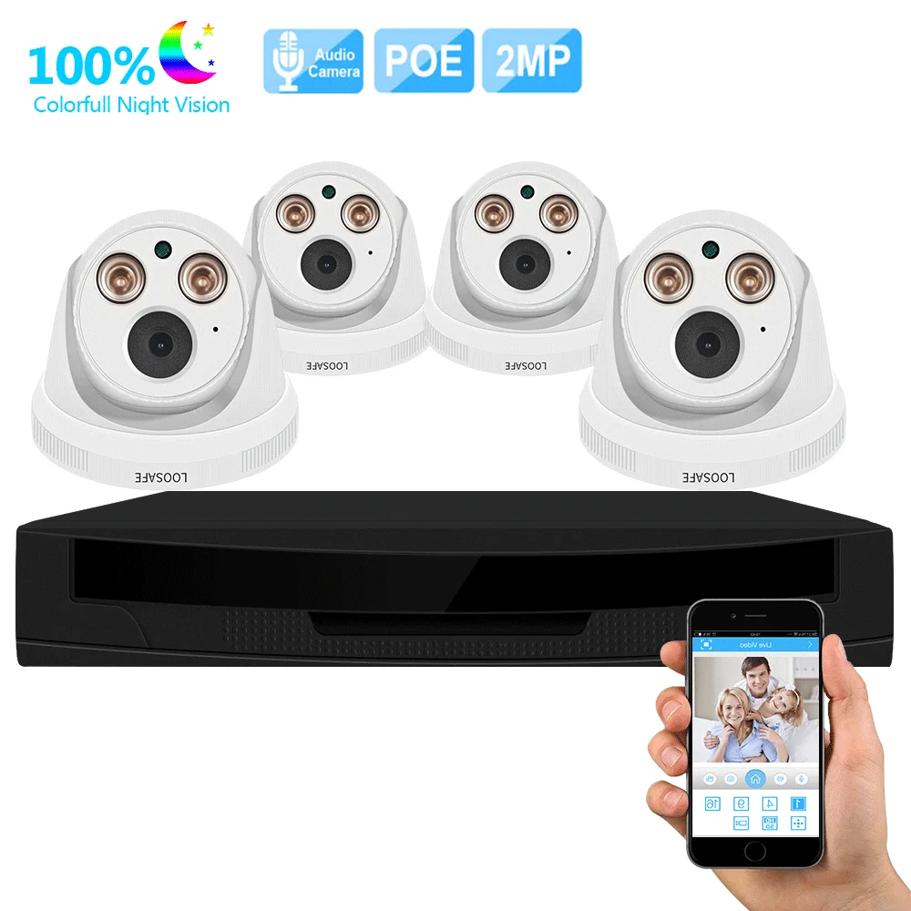 Factory Wholesale Surveillance Camera 2MP Dome CCTV Warm light Camera 4CH POE Camera NVR Kit