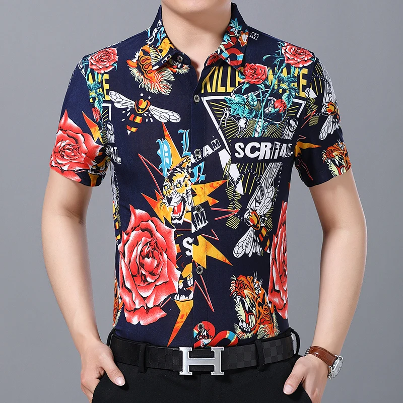 Hot sale western style loose man plus size digital print short sleeve man blouse tshirt