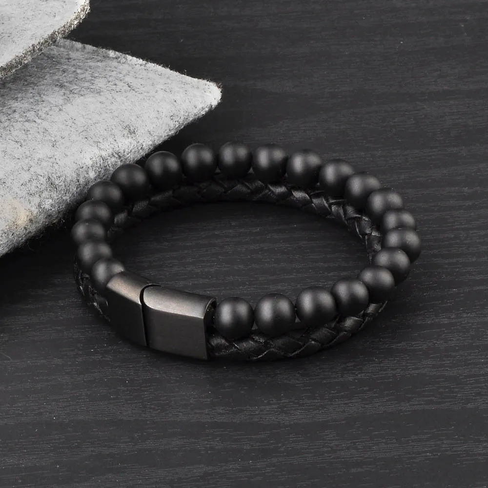 
Fashion Jewelry Black Leather Round Stone Bead Design Cool Bracelets For Boys 