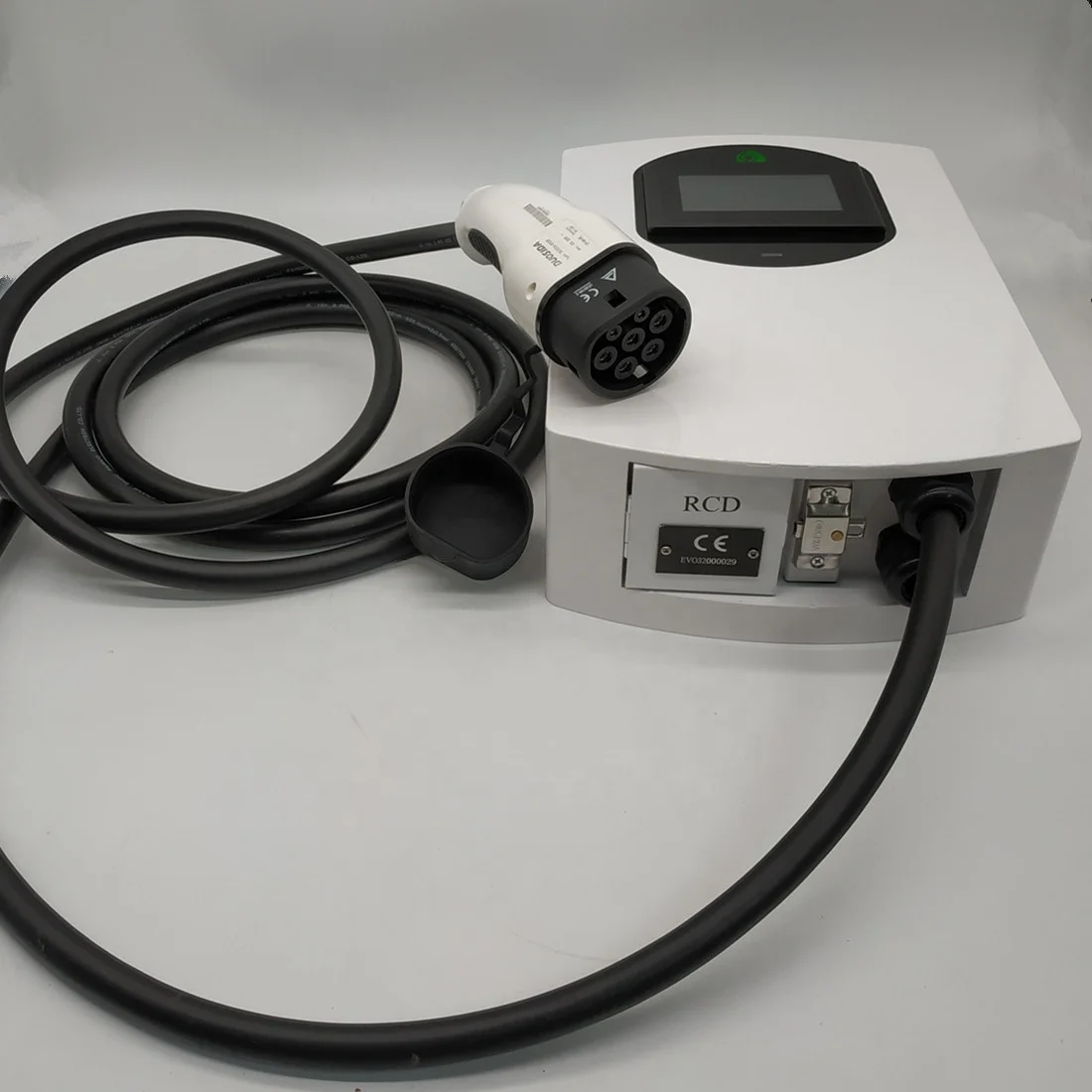 
22KW 400V 32A wall box charging pile with tethered 5m cables,type 2 plug,touching screen and type B RCD for EV,OEM 