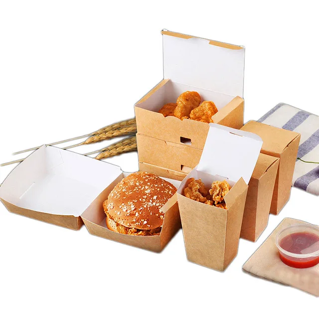 Kraft Paper Disposable Hamburger Box Waterproof And Anti-Oil Fast Food Box Packing Tools French Fries Fried Food Tray