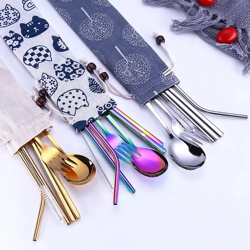 5pc set portable tableware 304 stainless steel fork spoon chopsticks straw set