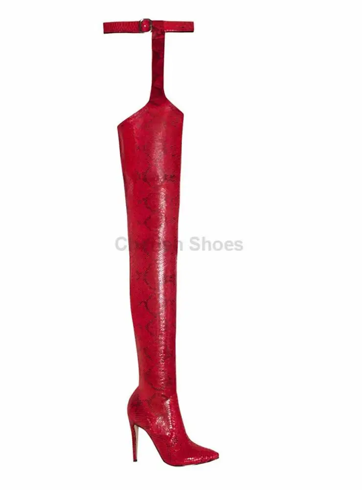 Sexy ladies red Python print stiletto heel thigh high boots wholesale Party Wear over knee pointed toe boots for women