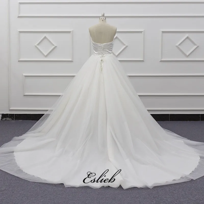 Eslieb 2019  new women sleeveless ivory wedding dress satin beautiful  bead long ball gown