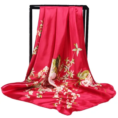 Wholesale Peony Pink Floral 100% Polyester square silk satin hijab head scarf for women