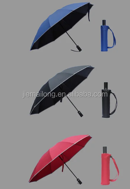 auto open and close 3 fold  black coated anti-UV Super resist water Reflective strip reverse umbrella with rubber handle