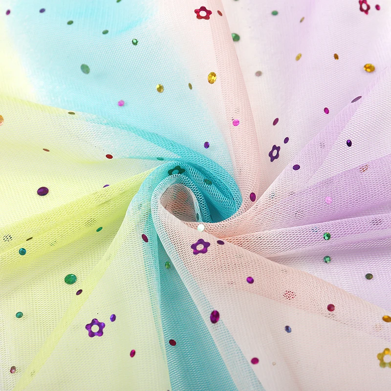 
Factory wholesale rainbow striped small flower sequins clothing mesh fabric for children 