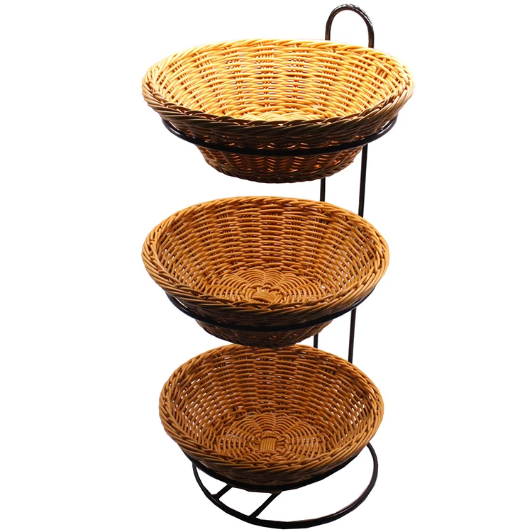 Hot sale  removable  round 3-tier  store meta wire  display rack  fruit display wire display rack bread with rattan baskets