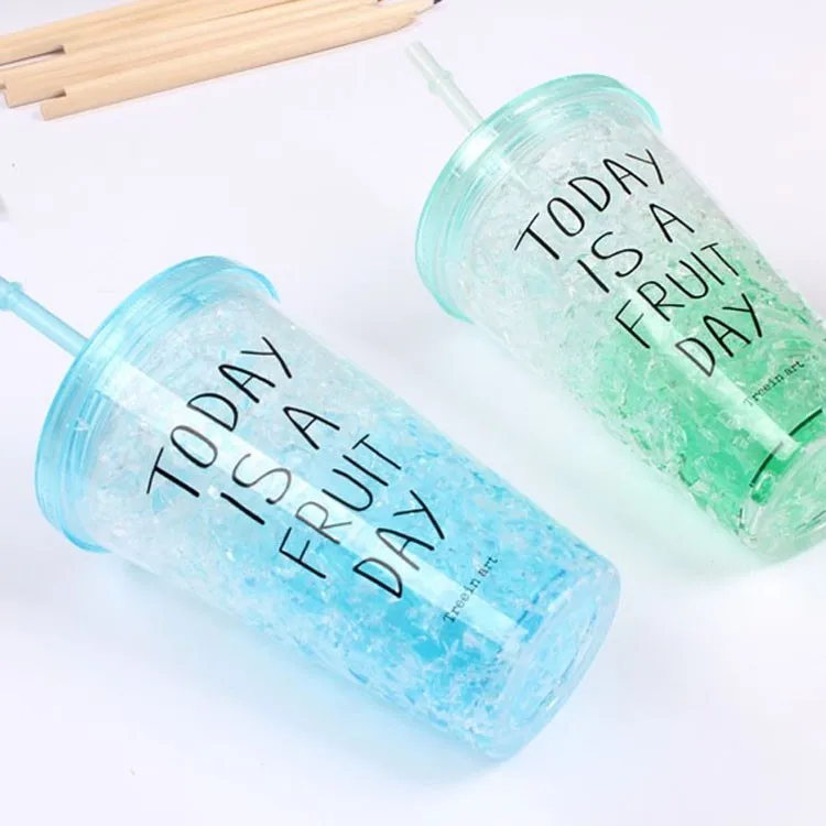 16oz Double Wall Mugs Gel Frosty Freezer Bottle Drinkware Beverages Ice Cold Plastic Tumbler Cup With Lid And Straws