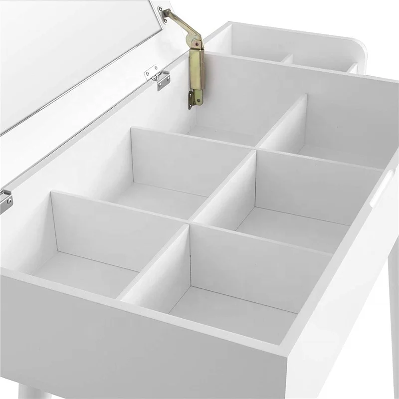 White Dressing Table with Foldable Mirror and Stool Makeup Vanity Table Bedroom Dresser Set with 10 Compartments for Storage