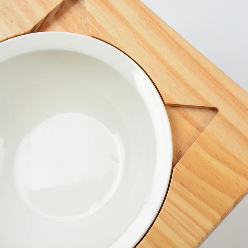 High Quality Bamboo Incline Cat Bowls With Two Ceramic Bowl Raised Cat Food Bowl