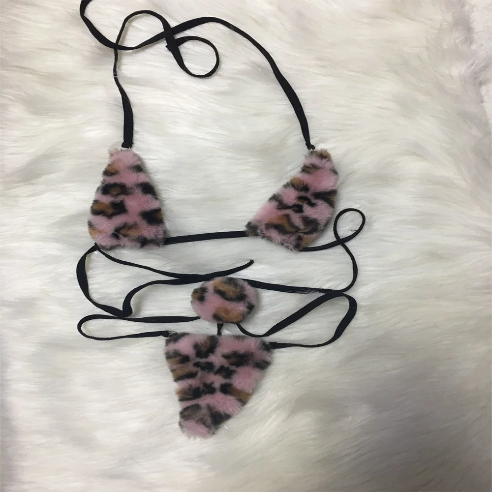 Colorful faux fur bra sexy fur bra set for girls