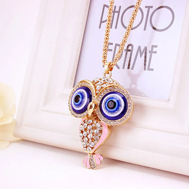 Fashion Charms Rhinestone Cute blue  Eye  Diamond Crystal Big Owl Necklaces&Pendants Sweater Chain Jewelry