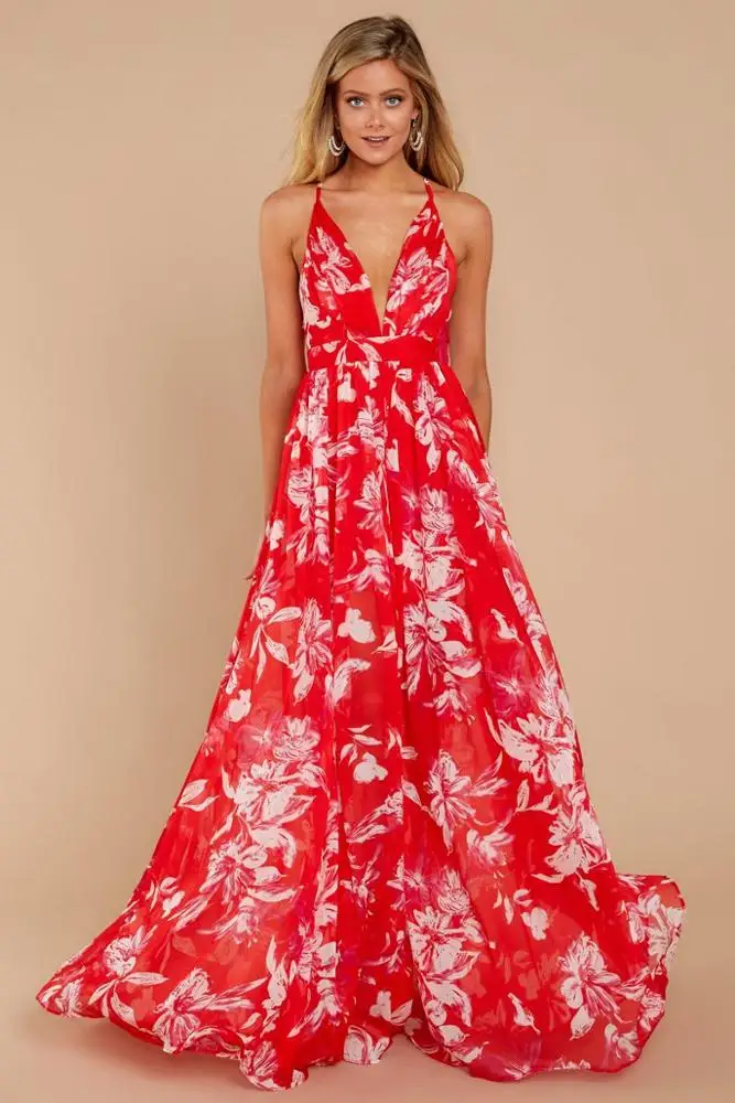 
Long dress chiffon new style women digital printed V-Neck sleeveless floral print chiffon maxi dresses 