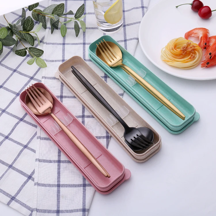 2pcs luxury travel stainless steel  fork spoon  gold cutlery set