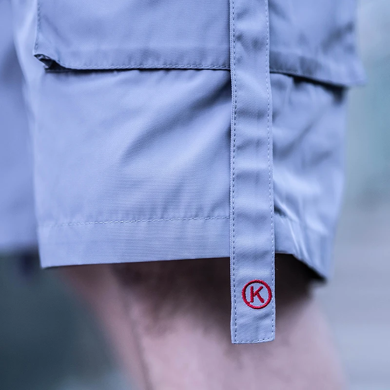 Killwinner solid color 100 polyester overalls men summer casual loose printed ribbon multi pockets cargo shorts