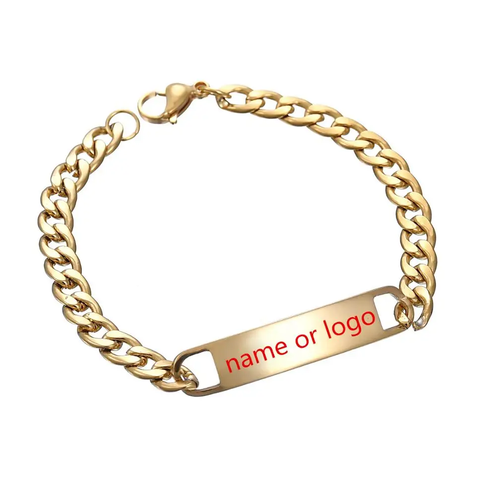 Custom name engraved stainless steel bracelet cuba chain 18k gold plated metal plate bracelet gold bar bracelet