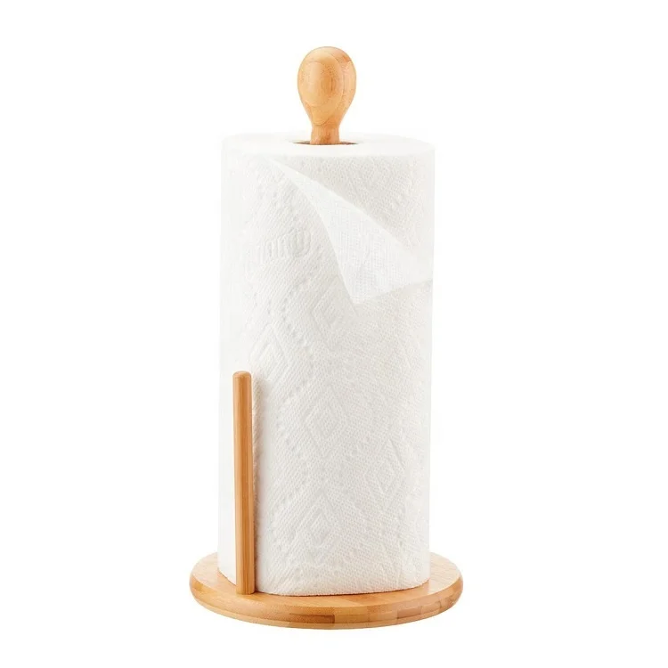 2024 Big Kitchen Bathroom Toilet Standing Rack Natural Wooden Bamboo Tissue Roller Paper Towel Holder