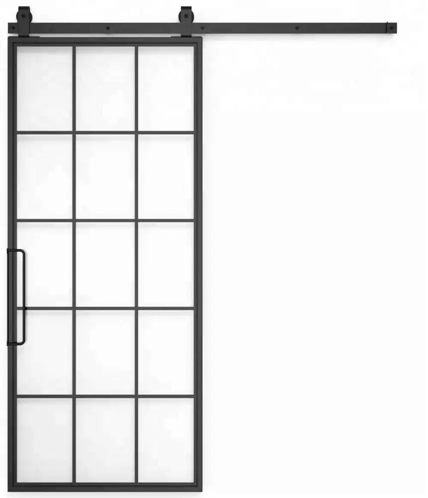 
French Style Black Carbon Steel Sliding Frosted Glass Black Frame Barn Door with Soft Close 