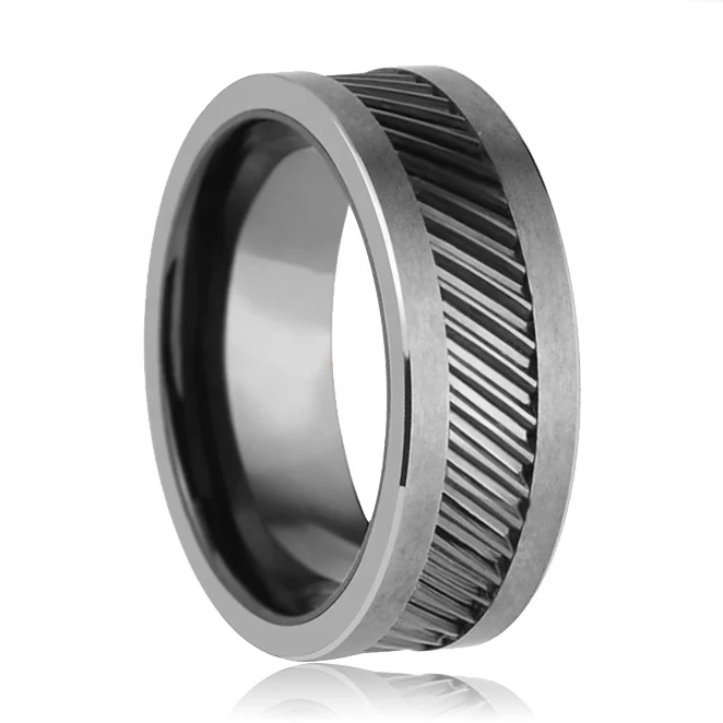 HELIX Rotating Gear Teeth Ceramic Mens Black Tungsten Carbide Ring