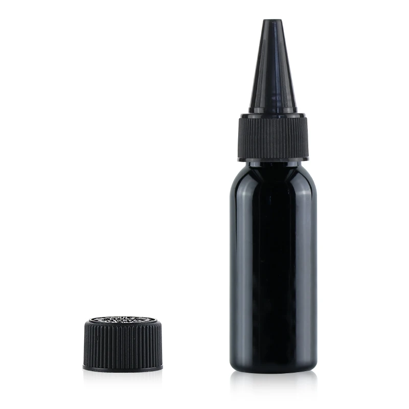 30ml plastic black PET round bottles with black natural twist top caps