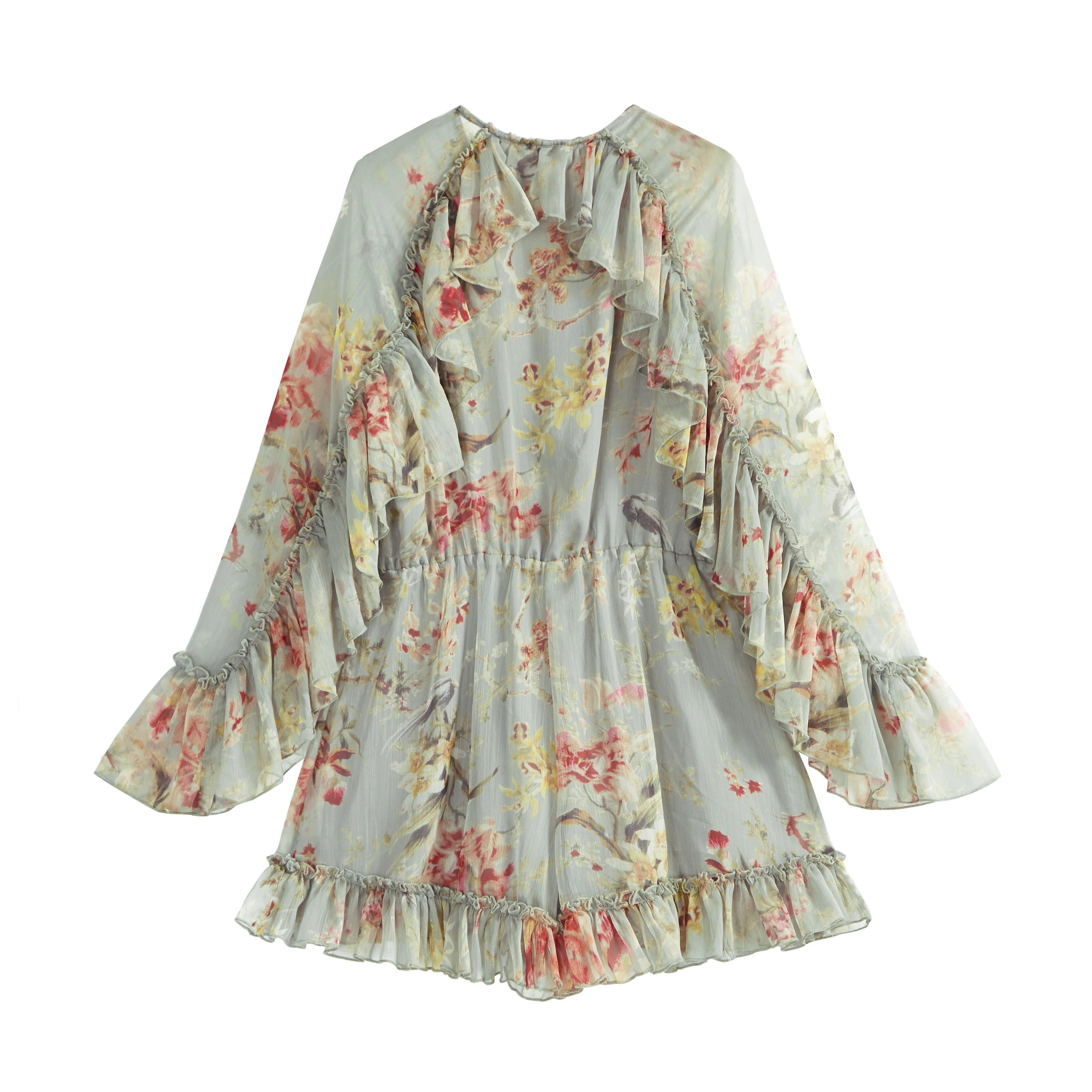 Summer One Piece Lace Floral Print V Neck Fall Womens Long Sleeve Lace-up Elegant Lady Jumpsuit