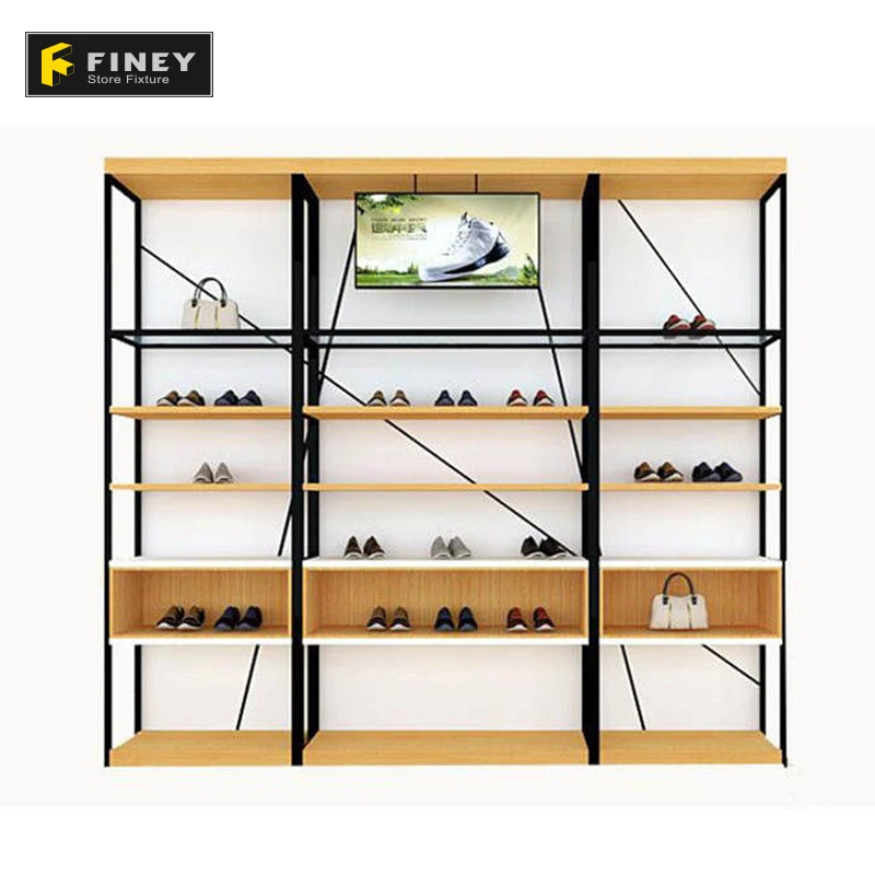 Customized Design Modern Shoes Shop Wooden Metal Wall Display Racks Shoe Display Fixtures Easy Install For Shoe Store
