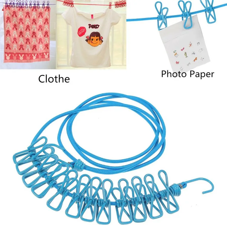 Wholesale Outdoor Windproof Portable Travel Stainless Steel Elastic Retractable Clothesline With 12 Pcs Clip
