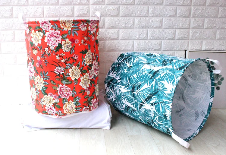 Leaves and Flower Printing Household Foldable Laundry Hamper Storage Basket Fabric