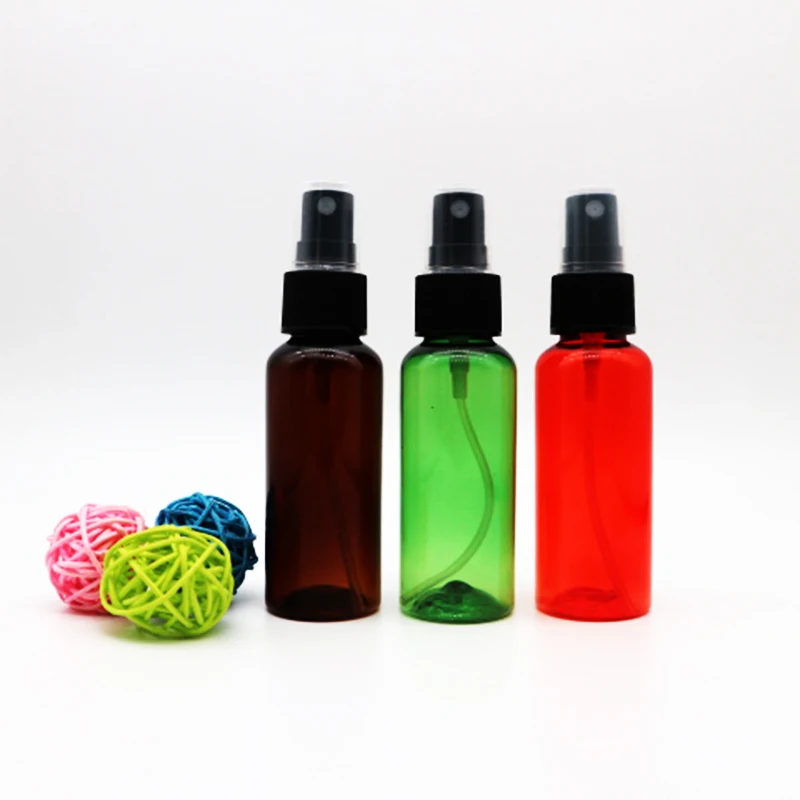 Sale 50 ml amber clear blue red green black white pink PET plastic spray bottle perfume